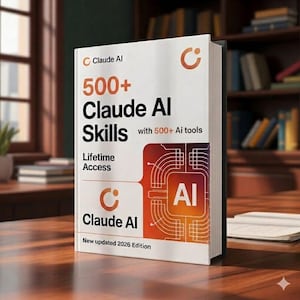 Może przedstawiać: Książka w twardej oprawie zatytułowana "Claude AI 500+ Skills" z tekstem "with 500+ AI tools" i "Lifetime Access". Okładka zawiera pomarańczowy i biały tekst i grafikę z logo Claude AI. Książka leży na drewnianej powierzchni.