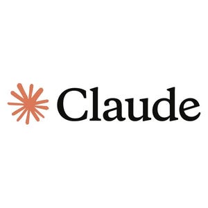 May include: The word "Claude" in black, stylized font, is displayed on a white background. A stylized, orange-brown starburst design is to the left of the word. The overall design is simple and clean.