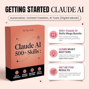 May include: A digital ebook titled Getting Started Claude AI, featuring a coral-colored box with black text reading Claude AI 500+ Skills. The design includes icons for skills, learning, and results, alongside text about automation and content creation.
