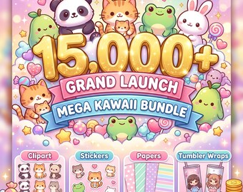 15.000+ kawaii megabundel, clipart, stickers, digitaal papier, bekerfolie, schattige kawaii, fruit, dieren, chibi-personages, commercieel gebruik