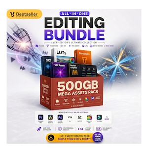 Peut inclure: Un ensemble de montage avec le texte "ALL-IN-ONE EDITING BUNDLE" et "500GB MEGA ASSETS PACK". L'ensemble comprend des plugins, des transitions, des SFX, des actifs VFX, des LUT et des graphiques animés. Il fonctionne avec les principaux logiciels.