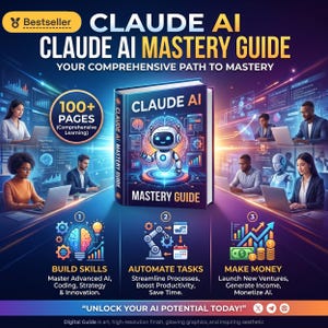 Könnte beinhalten: Buchcover für "CLAUDE AI MASTERY GUIDE" mit einer Roboterillustration. Das Cover zeigt den Titel, einen Untertitel und Symbole für den Aufbau von Fähigkeiten, die Automatisierung von Aufgaben und das Geldverdienen. Das Buch wird mit über 100 Seiten beworben.