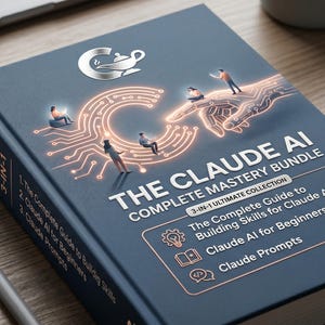 May include: A dark blue book titled "THE CLAUDE AI COMPLETE MASTERY BUNDLE" with a silver logo and illustrations of people and circuit board designs. The book includes the text "3-IN-1 ULTIMATE COLLECTION" and "The Complete Guide to Building Skills for Claude AI".