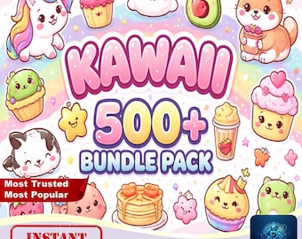 500+ Kawaii Clipart, Stickers, Digital Paper, Tumbler Wraps Bundle (Digital Download)
