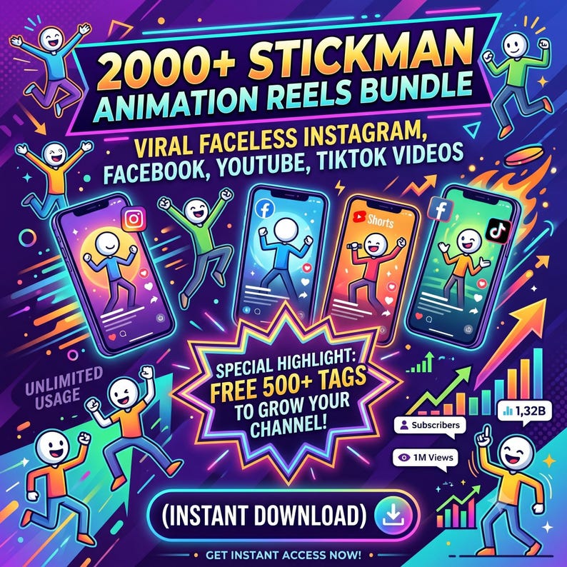 Op de afbeelding: Een digitale afbeelding met de tekst 2000+ STICKMAN ANIMATION REELS BUNDLE, VIRAL FACELESS INSTAGRAM, FACEBOOK, YOUTUBE, TIKTOK VIDEOS, SPECIAL HIGHLIGHT: FREE 500+ TAGS TO GROW YOUR CHANNEL!, UNLIMITED USAGE en INSTANT DOWNLOAD.