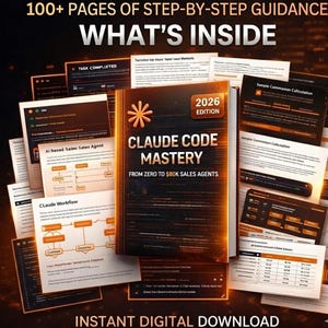 Può includere: Una copertina di libro digitale intitolata "CLAUDE CODE MASTERY" con il testo "FROM ZERO TO 80K $ SALES AGENTS." La copertina è circondata da pagine con diagrammi e testo. L'immagine include anche il testo "100+ PAGES OF STEP-BY-STEP GUIDANCE" e "WHAT'S INSIDE."