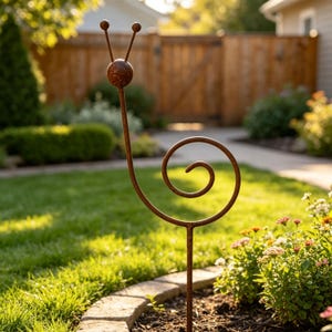 May include: A rust-colored metal garden stake shaped like a snail. The sculpture features a long, thin vertical neck topped with a round head and two antennae, connected to a large, circular spiral shell design made from a single continuous metal rod.