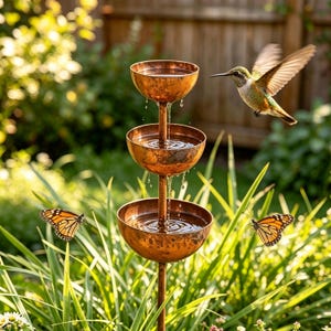 May include: A three-tiered copper-colored water fountain featuring stacked bowls on a central pole. Water cascades from the top bowl down to the bottom. A hummingbird hovers to the right, while two monarch butterflies fly near the base.