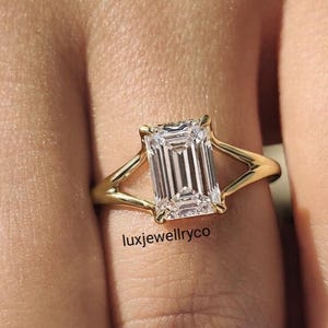 Emerald  Cut Lab Grown Diamond 18K Solid Yellow Gold Solitaire Split Shank Engagement Ring,  Anniversary Gifts Ring for Women, Trendy ring.