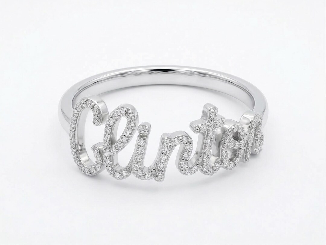 Custom Cursive Name Ring, Diamond Accent, Gold Script Band, Moissanite ...