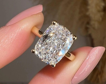 5CT Elongated Cushion Cut Lab Diamond Ring, 14K Gold Solitaire Engagement Bridal Ring