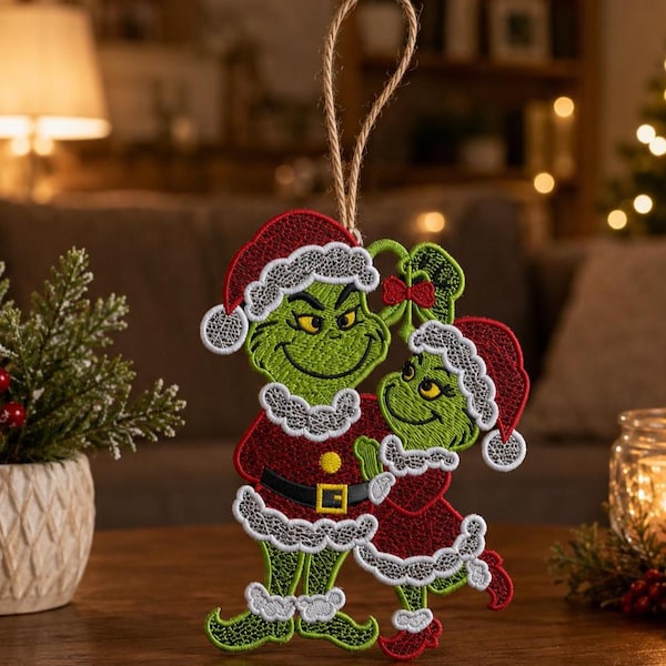 FSL Grinch & Cindy Lou Who Embroidery Design | Christmas Freestanding Lace Ornament | Machine Applique.