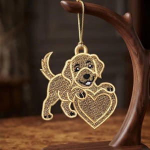 Golden Retriever Puppy Heart Lace Ornament, ITH Embroidery Design (4x4 Hoop)