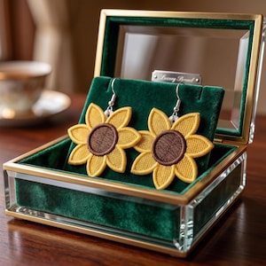 May include: A pair of sunflower earrings with yellow petals and brown centers, displayed in a green velvet-lined jewelry box with a glass lid and gold trim. The earrings are hanging on a display stand.