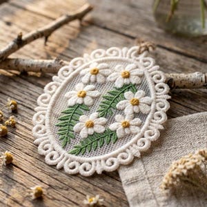 Puede incluir: Posavasos bordado ovalado de color crema con un diseño floral de margaritas. El posavasos tiene un delicado borde de encaje calado y un centro de malla con margaritas blancas bordadas, centros amarillos y hojas verdes. Sobre una superficie de madera.