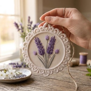 May include: A circular, white framed embroidery with a lavender design. The lavender is purple with green stems and leaves. The frame has a decorative, scalloped edge. A natural twine loop is attached for hanging.