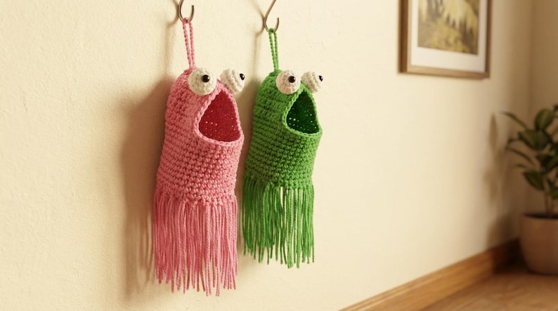 May include: Two handmade crochet wall organizers, one pink and one green, each resembling a whimsical monster with large white and black eyes. The organizers have open mouths and fringed bottoms, hanging from hooks on a beige wall.
