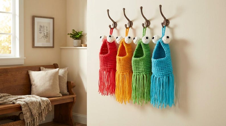 May include: Five colorful, handmade crochet wall pockets hang from bronze hooks. Each pocket is a different color: red, orange, green, and blue. They have white and black googly eyes and fringe.