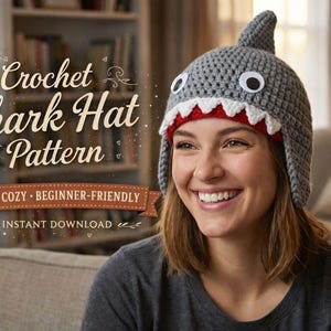 Modello PDF per cappello da squalo all'uncinetto, cappello divertente a forma di animale, taglie da neonato ad adulto, tutorial facile all'uncinetto, berretto da squalo per bambini, cappello da costume da squalo per bambini
