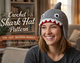 Crochet Shark Hat Pattern PDF, Funny Animal Hat, Baby to Adult Sizes, Easy Crochet Tutorial, Kids Shark Beanie, Kids Shark Costume Hat