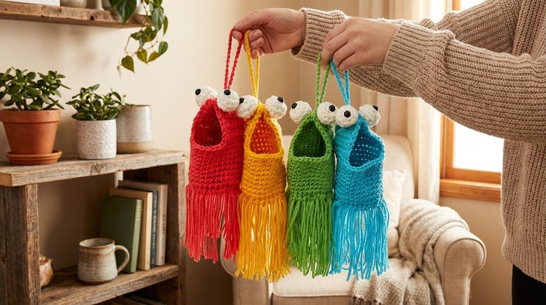 May include: Four colorful, handmade crochet monster pouches with dangling fringe and large googly eyes are held up. The pouches are red, yellow, green, and blue. The background includes a wooden shelf with plants and books.