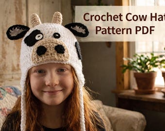Crochet Cow Hat Pattern PDF, Easy Kids & Baby Hat Tutorial, Funny Animal Hat Crochet, Beginner Friendly Instant Download, Cute Animal Beanie