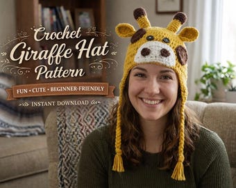 Crochet Giraffe Hat Pattern PDF, Cute Animal Beanie, Baby to Adult Sizes, Easy Crochet Tutorial, Kids Safari Hat, Easy DIY Safari Hat