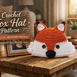Easy Crochet Fox Hat Pattern PDF, Cute Animal Beanie, Baby to Adult Sizes, Kids Woodland Hat, Easy Crochet Tutorial, Baby to Adult Sizes