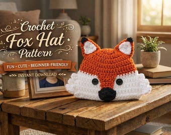 Easy Crochet Fox Hat Pattern PDF, Cute Animal Beanie, Baby to Adult Sizes, Kids Woodland Hat, Easy Crochet Tutorial, Baby to Adult Sizes
