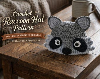 Crochet Raccoon Hat Pattern PDF, Cute Animal Beanie, Baby to Adult Sizes, Easy Crochet Tutorial, Kids Woodland Hat, Cute Crochet Raccoon Hat