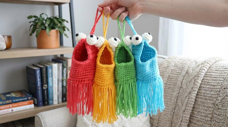 May include: Four colorful, handmade crochet monster pouches are held up. Each pouch is a different color: red, yellow, green, and blue. They have white and black googly eyes and fringe at the bottom. The pouches are hanging from a loop.