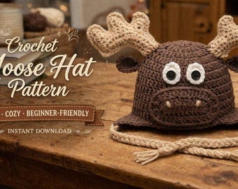 Cute Crochet Moose Hat Pattern PDF, Animal Beanie for Babies & Adults, Easy DIY Deer Hat, Kids Winter Gift, Kids Woodland Hat, Moose Costume