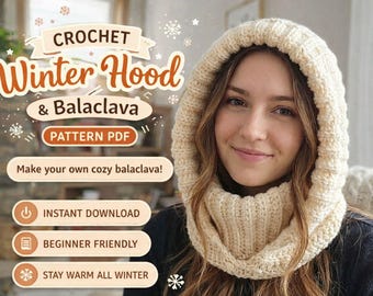 Crochet Winter Hood Pattern PDF, Easy Balaclava, Unisex Hooded Scarf, Chunky Hooded Hat, Face Warmer Tutorial, Winter Hooded Scarf, Ski Mask