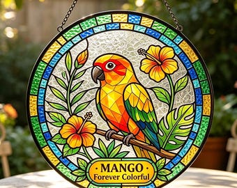 Kundenspezifischer Sun Conure-Glasmalerei-Suncatcher, personalisierter Papageien-Fensterbehang, tropische Vogel-Wandkunst, Hibiskus-Haustier-Denkmal, Sommer-Dekor