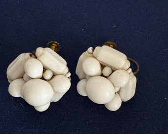 White Beaded Cluster Screw Back Earrings