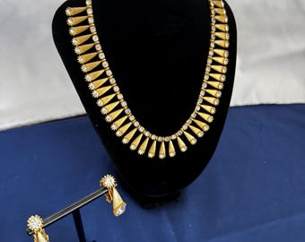Vintage Gold Toned Egyptian Revival Crystal Rhinestone Earrings and Necklace Set