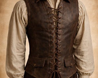 Könnte beinhalten: Eine braune Lederweste mit Schnürung vorne und zwei Vordertaschen. Die Weste wird über einem cremefarbenen Langarmhemd mit Kragen getragen. Das Outfit hat eine Vintage- oder historische Ästhetik.