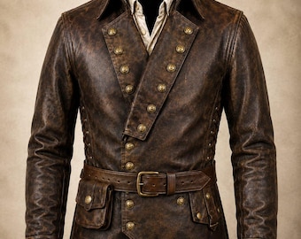Könnte beinhalten: Eine dunkelbraune Jacke aus Distressed-Leder mit zweireihiger Vorderseite, goldenen Metallknöpfen, einem passenden Gürtel mit Schnalle, zwei kleinen aufgesetzten Hüfttaschen und langen Ärmeln mit geknöpften Manschetten, getragen über einem beigen Hemd.