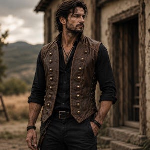 May include: A brown leather waistcoat featuring two vertical rows of round brass buttons, a high collar, and side lacing details. The waistcoat is worn over a black long-sleeved shirt and black trousers with a black leather belt and a metal chain accessory.