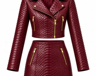 Könnte beinhalten: Ein dunkelrotes zweiteiliges Set bestehend aus einer kurzen Bikerjacke und einem passenden Minirock. Beide Teile bestehen aus einem strukturierten Material mit Schlangenledermuster und sind mit goldenen Reißverschlüssen und Druckknöpfen versehen.