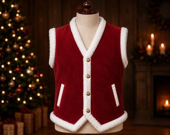 Chaleco navideño de piel de ante roja para hombre con ribete de piel sintética blanca, disfraz inspirado en Papá Noel, atuendo para fiestas navideñas, regalo de Navidad para él.