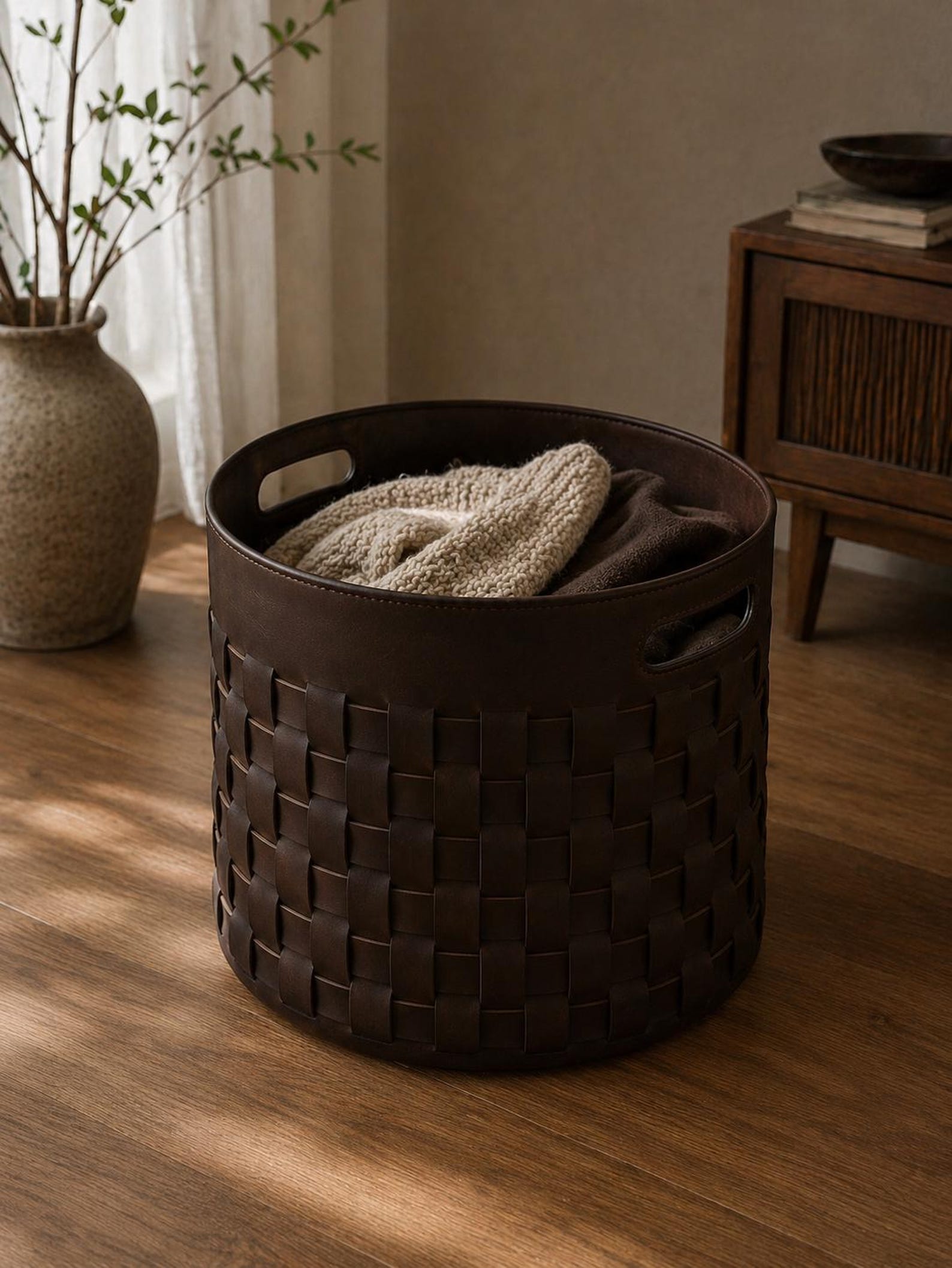 Woven Leather Storage Basket, Round Organizer Bin, Dark Coffee Brown Farmhouse Decor - Dark Coffe, Small: 10”(H)×12”(D)