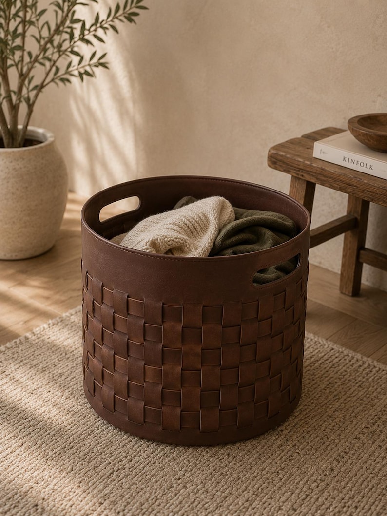 May include: A brown woven leather laundry basket with two handles, filled with folded sweaters. The basket sits on a beige rug, with a plant and wooden stool in the background. The basket's design features a repeating square pattern.