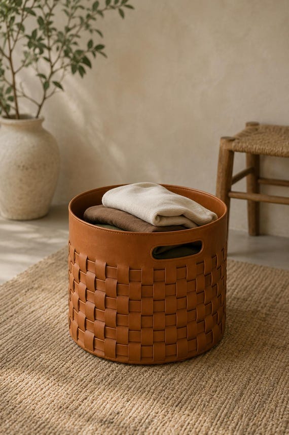 Woven Leather Storage Basket, Round Organizer Bin, Dark Coffee Brown Farmhouse Decor