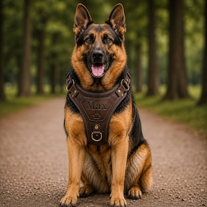 May include: A German Shepherd dog wearing a dark brown leather harness with the name Max and a paw print icon embossed on the chest piece. The harness features metallic hardware, including a central D-ring for a leash and adjustable side straps.
