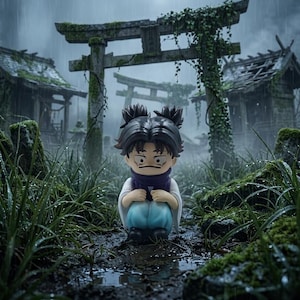 Peut inclure: Figurine d'un personnage aux cheveux noirs en deux chignons, vêtu d'une chemise blanche, d'une écharpe violette et d'un pantalon bleu, assis dans une zone boueuse et envahie par la végétation. Le fond présente un torii japonais et des bâtiments délabrés, sous la pluie.