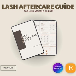 Könnte beinhalten: Ein digitaler Leitfaden mit dem Titel "Lash Aftercare Guide" für Wimpernkünstler und Kunden. Das Cover ist weiß mit einem braunen Abschnitt und dem Titel in Dunkelbraun. Der Leitfaden befindet sich auf einem tabletähnlichen Gerät, mit einem zweiten Gerät, das das Innere des Leitfadens zeigt.