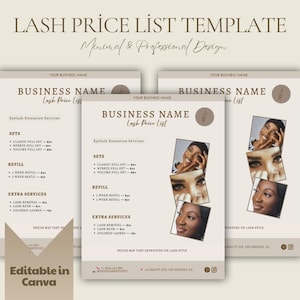 Op de afbeelding: Een beige Lash Price List-sjabloon met de tekst "LASH PRICE LIST TEMPLATE" en "Minimal & Professional Design". De sjabloon bevat secties voor wimperverlengingsdiensten, sets, navullingen en extra services. De woorden "Editable in Canva" zijn ook zichtbaar.