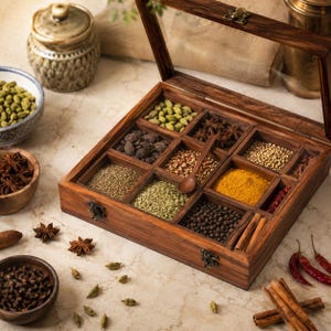 May include: A square wooden spice box with a hinged glass lid and metal latches, featuring nine internal compartments filled with various spices including green cardamom, star anise, cumin, turmeric, black peppercorns, and cinnamon sticks.