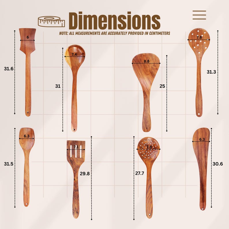 K&ouml;nnte beinhalten: Eine Sammlung von K&uuml;chenutensilien aus Holz, darunter ein Pfannenwender, ein Sch&ouml;pfl&ouml;ffel und Servierl&ouml;ffel. Die Abmessungen sind in Zentimetern angegeben. Das l&auml;ngste Utensil ist 31,6 cm lang.